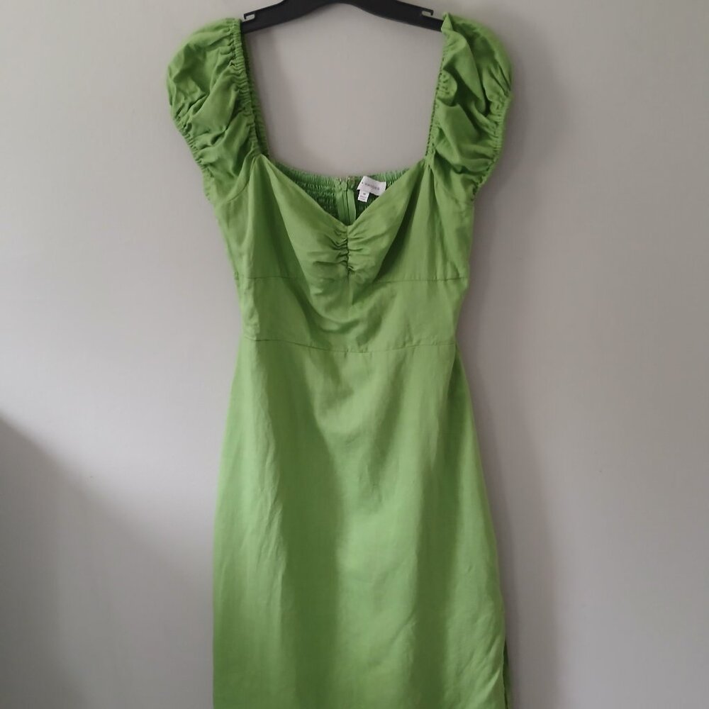 Lost + Wander Women's Size M Elia Midi Dress Green Linen Cotton Side‎ Slit Zip
